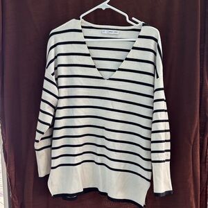Mango Cream and Black Striped V-Neck Sweater